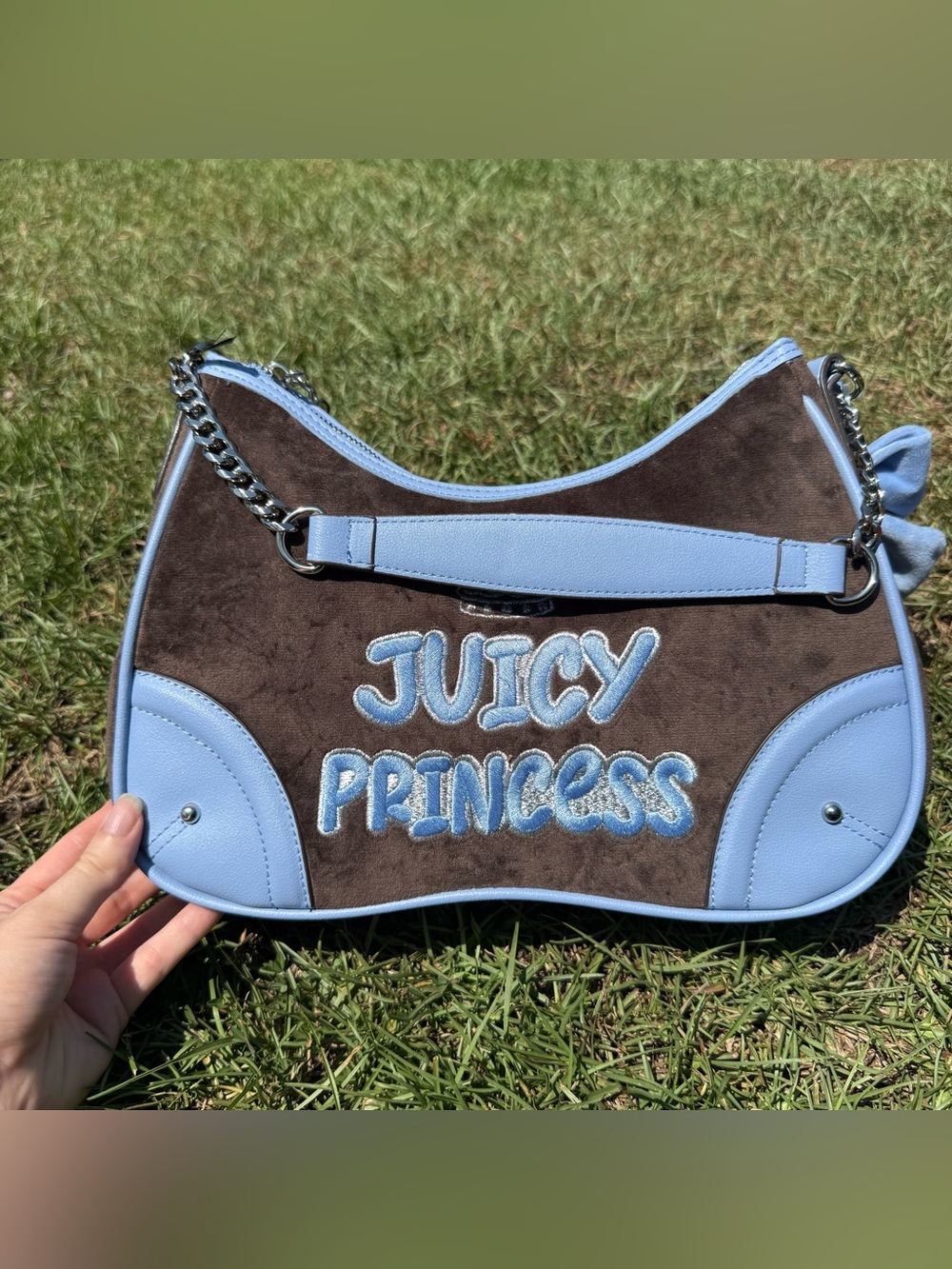 Juicy Couture Brown Suede Shoulder Bag with Light Blue Trim